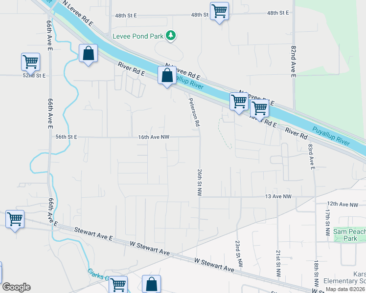 map of restaurants, bars, coffee shops, grocery stores, and more near 7224 56th Street East in Puyallup