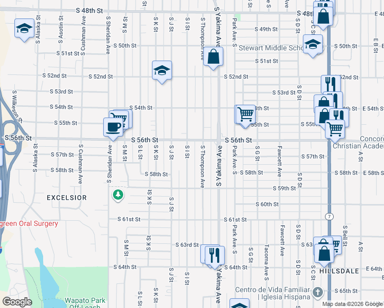 map of restaurants, bars, coffee shops, grocery stores, and more near 5640 South Thompson Avenue in Tacoma