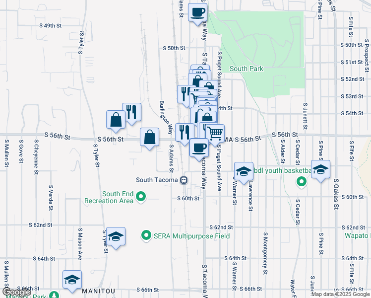 map of restaurants, bars, coffee shops, grocery stores, and more near 5602 South Washington Street in Tacoma