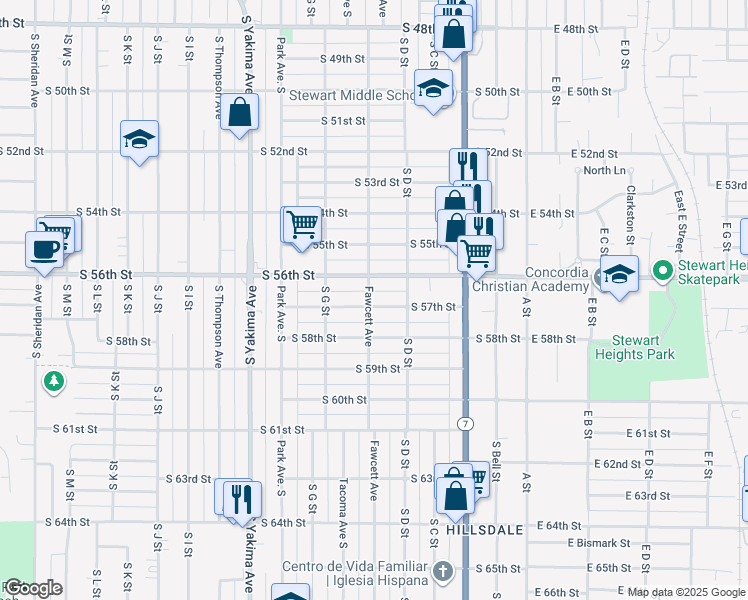 map of restaurants, bars, coffee shops, grocery stores, and more near 420 South 57th Street in Tacoma