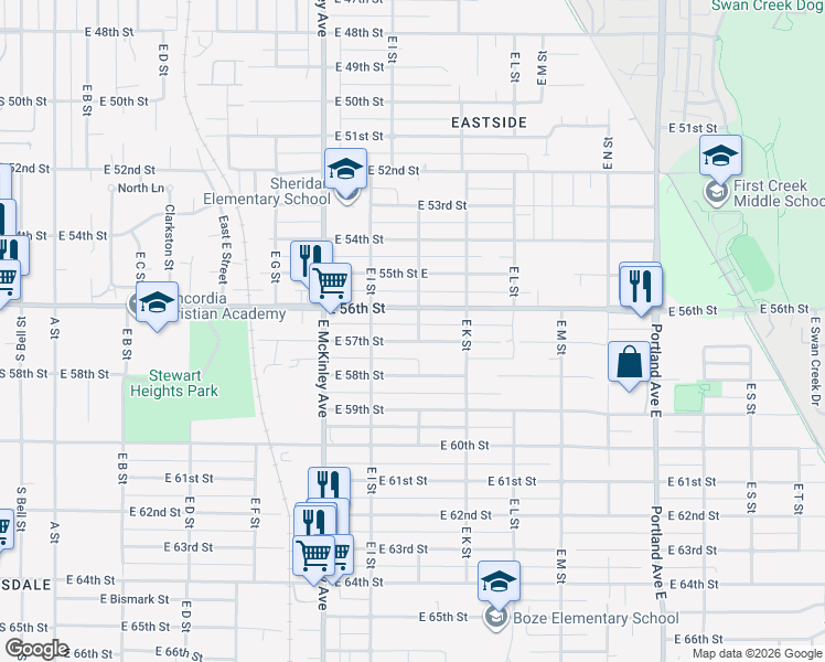 map of restaurants, bars, coffee shops, grocery stores, and more near 918 East 57th Street in Tacoma