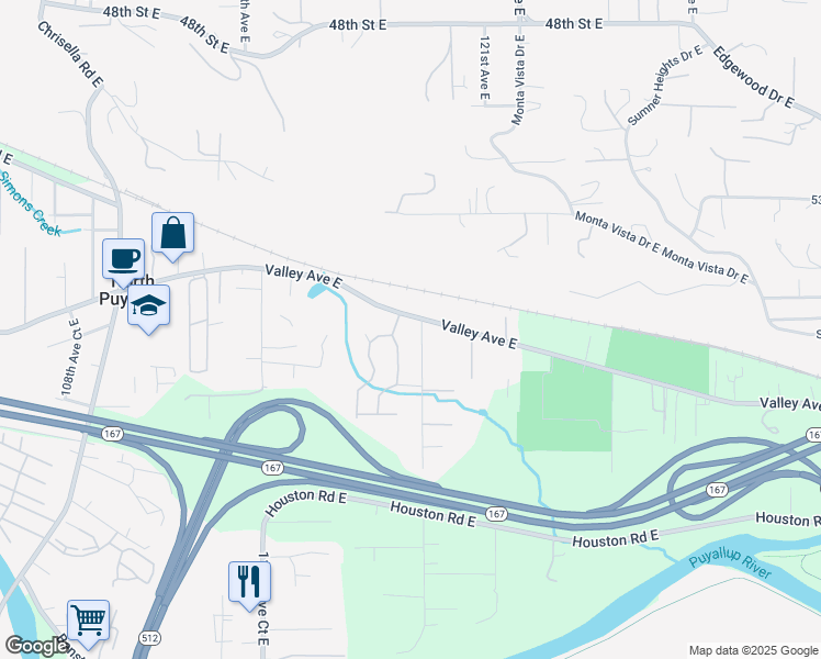 map of restaurants, bars, coffee shops, grocery stores, and more near 11820 Valley Avenue East in Puyallup
