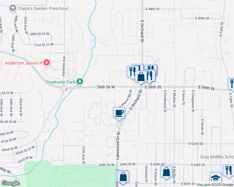 map of restaurants, bars, coffee shops, grocery stores, and more near 5225 Cirque Drive West in University Place