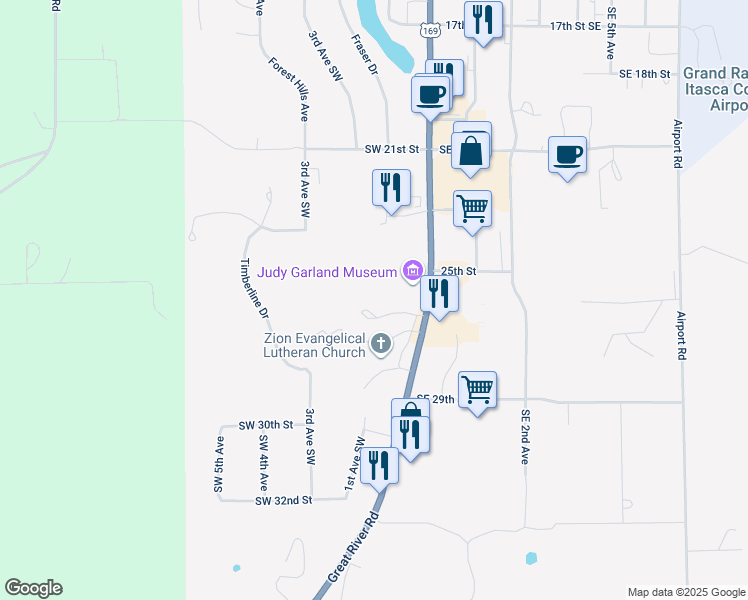 map of restaurants, bars, coffee shops, grocery stores, and more near 2801 U.S. 169 in Grand Rapids