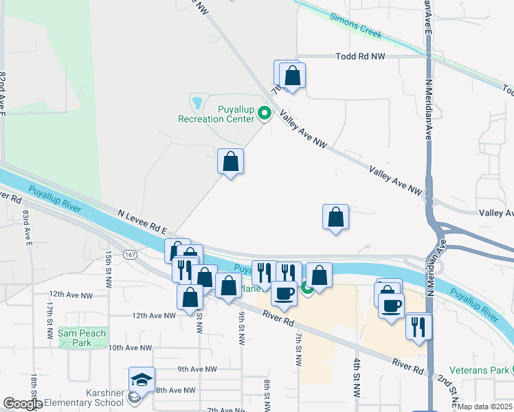 map of restaurants, bars, coffee shops, grocery stores, and more near 919 North Levee Road in Puyallup