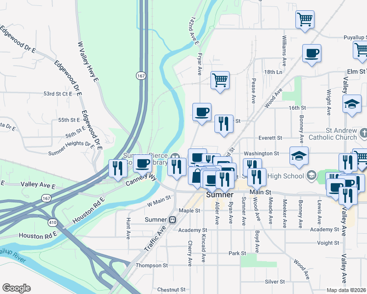 map of restaurants, bars, coffee shops, grocery stores, and more near 1310 Fryar Avenue in Sumner