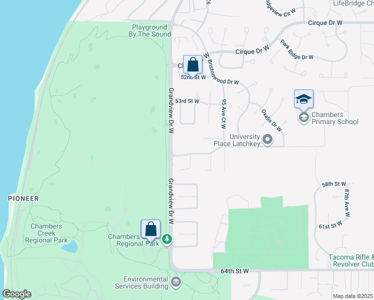 map of restaurants, bars, coffee shops, grocery stores, and more near 5513 Grandview Drive West in University Place