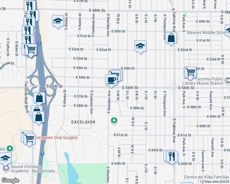 map of restaurants, bars, coffee shops, grocery stores, and more near in Tacoma