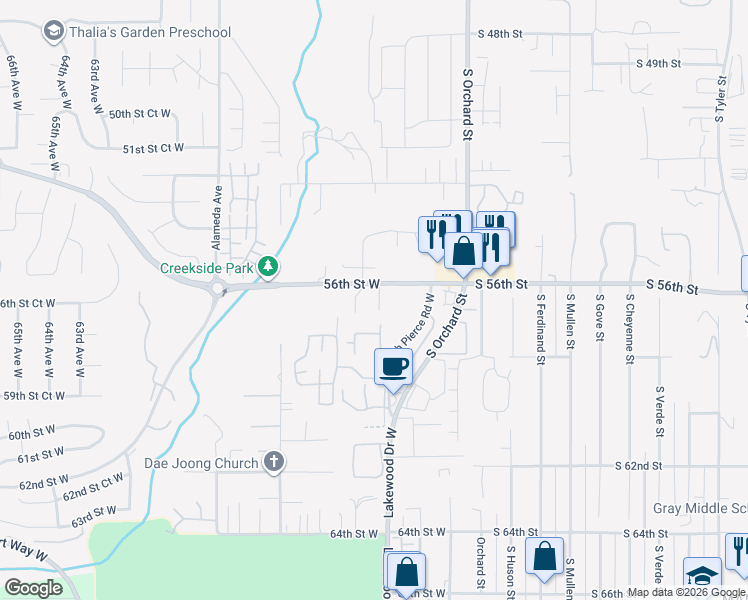 map of restaurants, bars, coffee shops, grocery stores, and more near 5408 Cirque Drive West in University Place