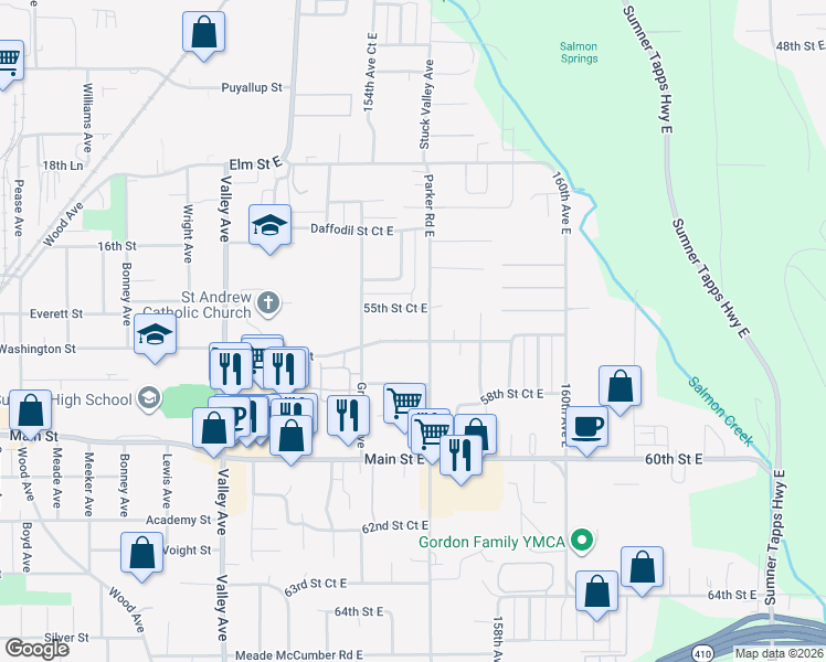 map of restaurants, bars, coffee shops, grocery stores, and more near 15518 55th Street Court East in Sumner