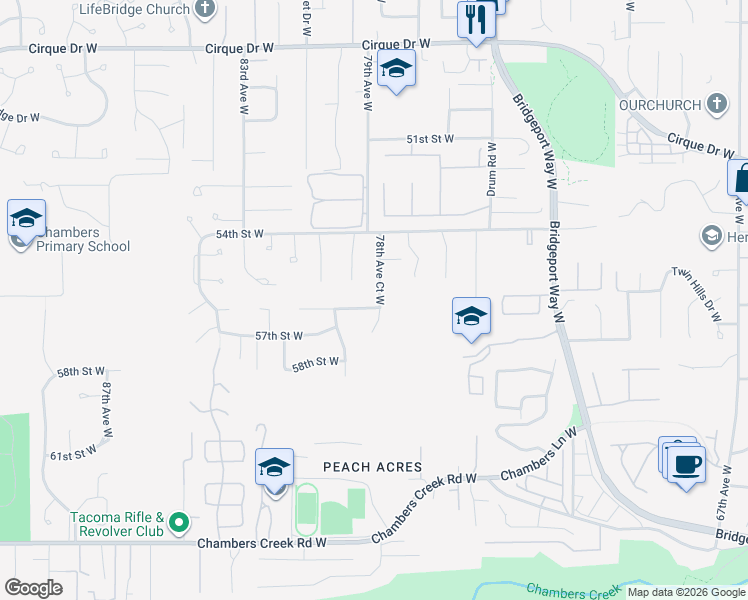 map of restaurants, bars, coffee shops, grocery stores, and more near 5522 78th Avenue Court West in Tacoma