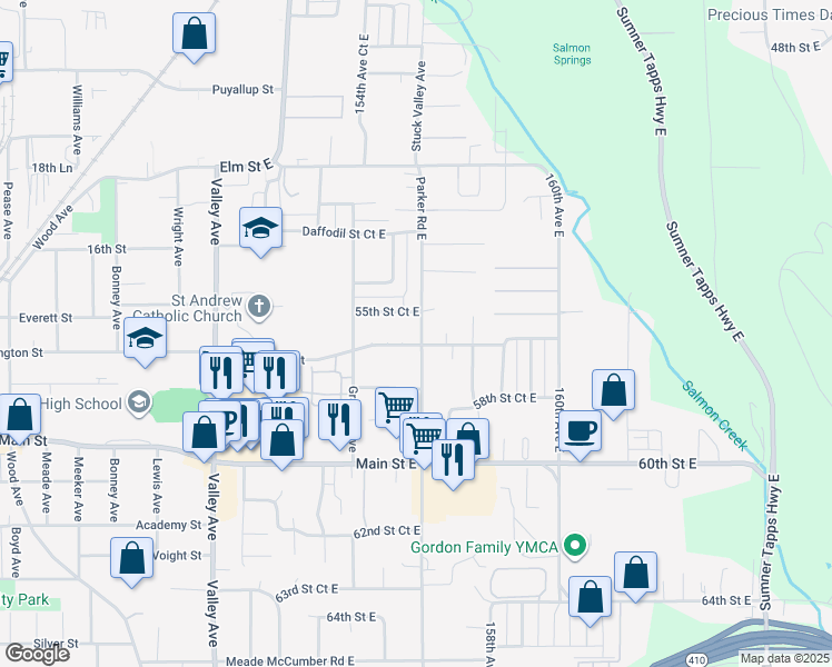 map of restaurants, bars, coffee shops, grocery stores, and more near 15518 55th Street Court East in Sumner