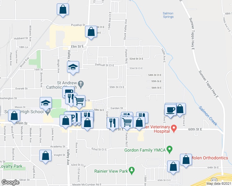 map of restaurants, bars, coffee shops, grocery stores, and more near 15418 55th Street Court East in Sumner