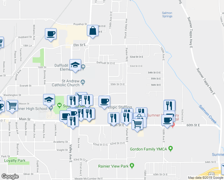 map of restaurants, bars, coffee shops, grocery stores, and more near 15418 55th Street Court East in Sumner