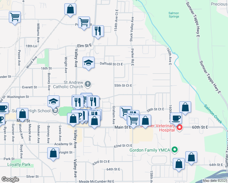 map of restaurants, bars, coffee shops, grocery stores, and more near 15402 55th Street Court East in Sumner