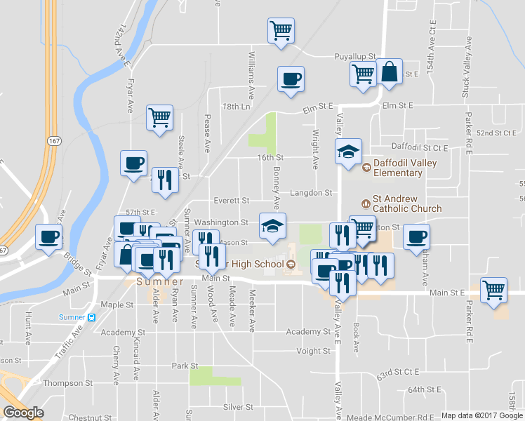 map of restaurants, bars, coffee shops, grocery stores, and more near 1612-1698 Everett Street in Sumner