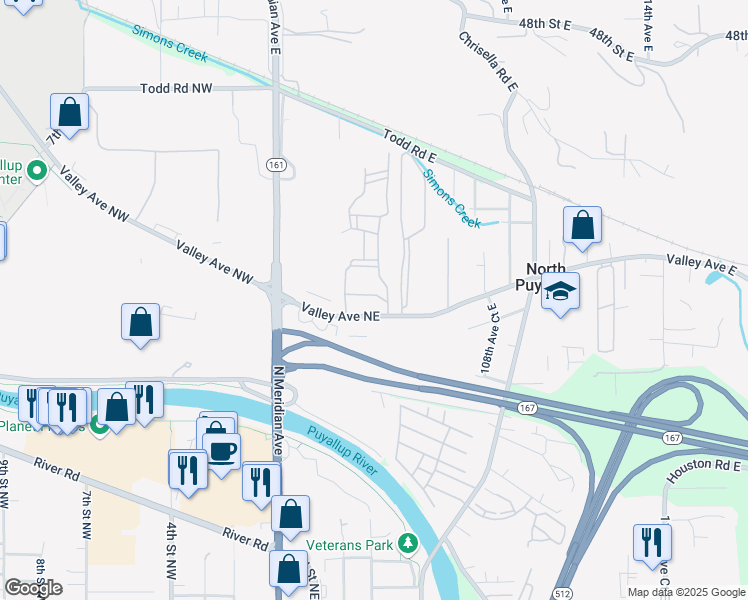 map of restaurants, bars, coffee shops, grocery stores, and more near 407 Valley Avenue Northeast in Puyallup