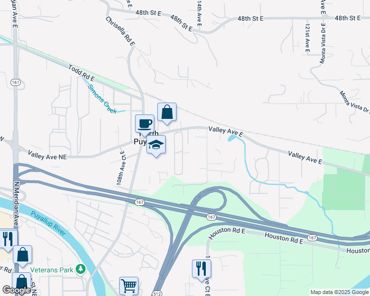 map of restaurants, bars, coffee shops, grocery stores, and more near 5729 113th Avenue East in Puyallup