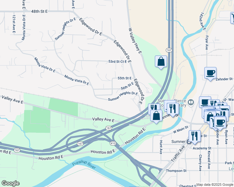map of restaurants, bars, coffee shops, grocery stores, and more near 13110 56th Street East in Edgewood