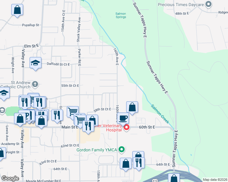 map of restaurants, bars, coffee shops, grocery stores, and more near 15904 56th Street East in Sumner