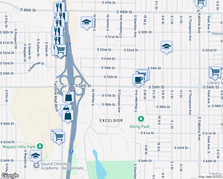 map of restaurants, bars, coffee shops, grocery stores, and more near 1517 South 56th Street in Tacoma