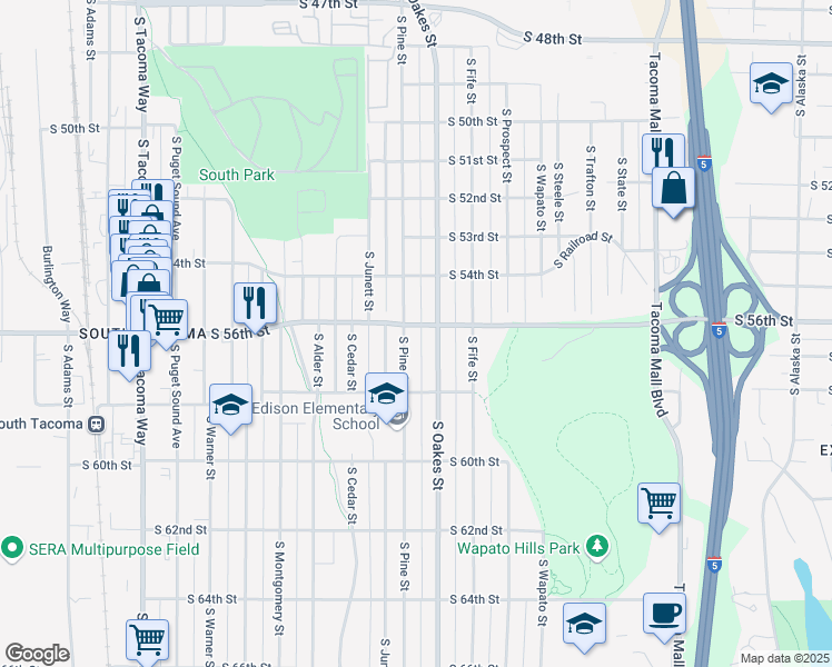 map of restaurants, bars, coffee shops, grocery stores, and more near 2716 South 56th Street in Tacoma