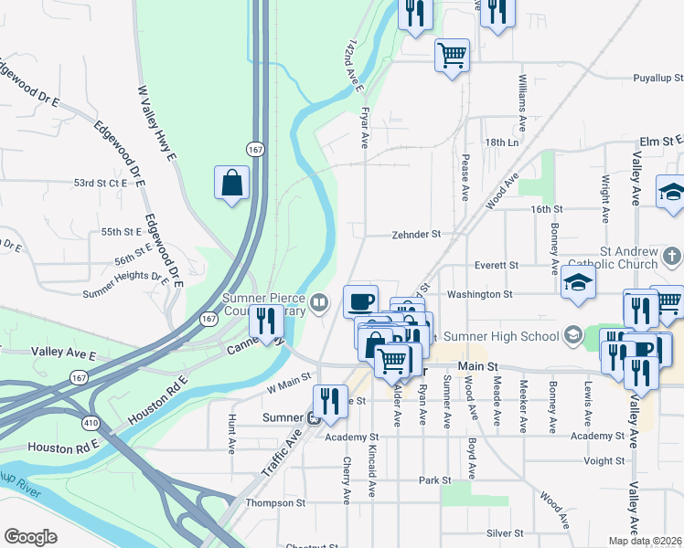 map of restaurants, bars, coffee shops, grocery stores, and more near 1310 Fryar Avenue in Sumner