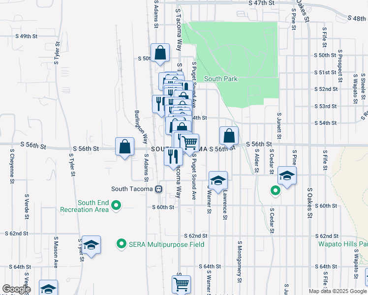 map of restaurants, bars, coffee shops, grocery stores, and more near 5448 South Tacoma Way in Tacoma