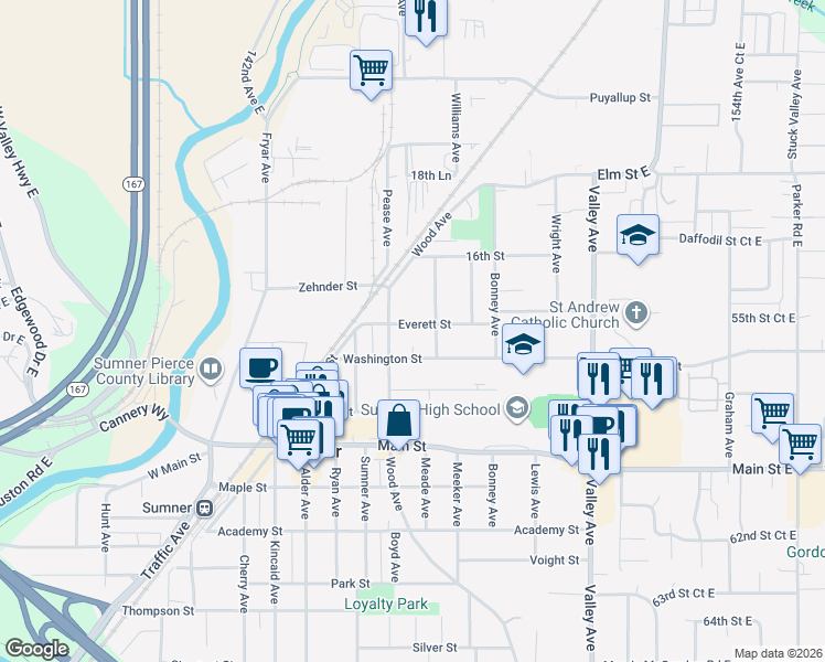 map of restaurants, bars, coffee shops, grocery stores, and more near 1416 Everett Street in Sumner
