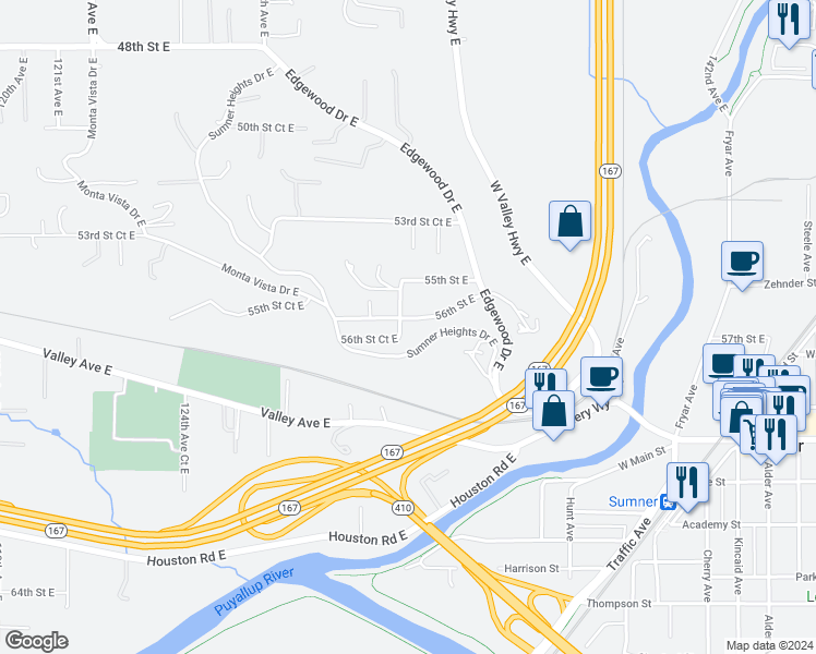 map of restaurants, bars, coffee shops, grocery stores, and more near 13110 56th Street East in Edgewood