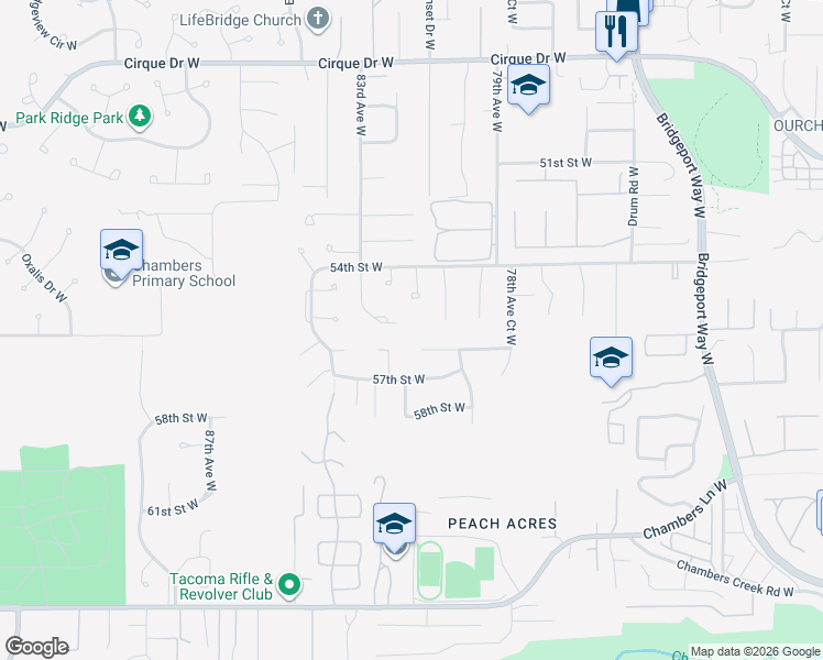map of restaurants, bars, coffee shops, grocery stores, and more near 5516 83rd Avenue West in Tacoma