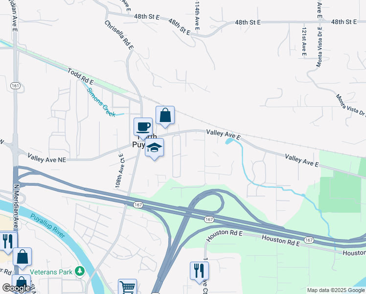 map of restaurants, bars, coffee shops, grocery stores, and more near 5729 113th Avenue East in Puyallup