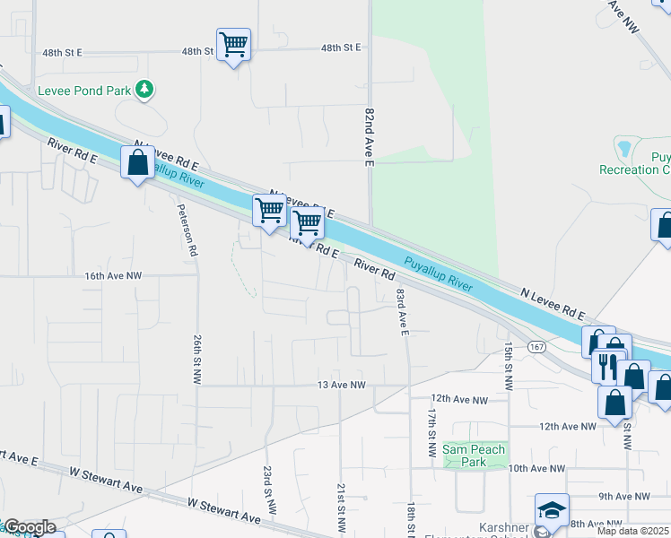 map of restaurants, bars, coffee shops, grocery stores, and more near 5607 80th Avenue Court East in Puyallup