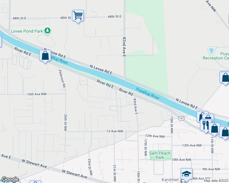 map of restaurants, bars, coffee shops, grocery stores, and more near 5607 80th Avenue Court East in Puyallup