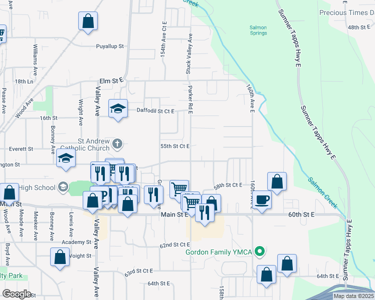 map of restaurants, bars, coffee shops, grocery stores, and more near 15518 55th Street Court East in Sumner