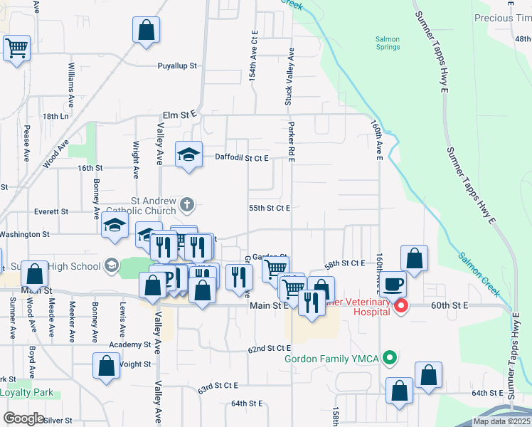 map of restaurants, bars, coffee shops, grocery stores, and more near 15418 55th Street Court East in Sumner