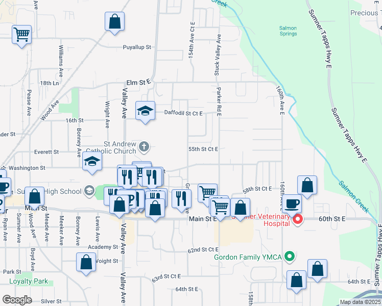 map of restaurants, bars, coffee shops, grocery stores, and more near 15402 55th Street Court East in Sumner