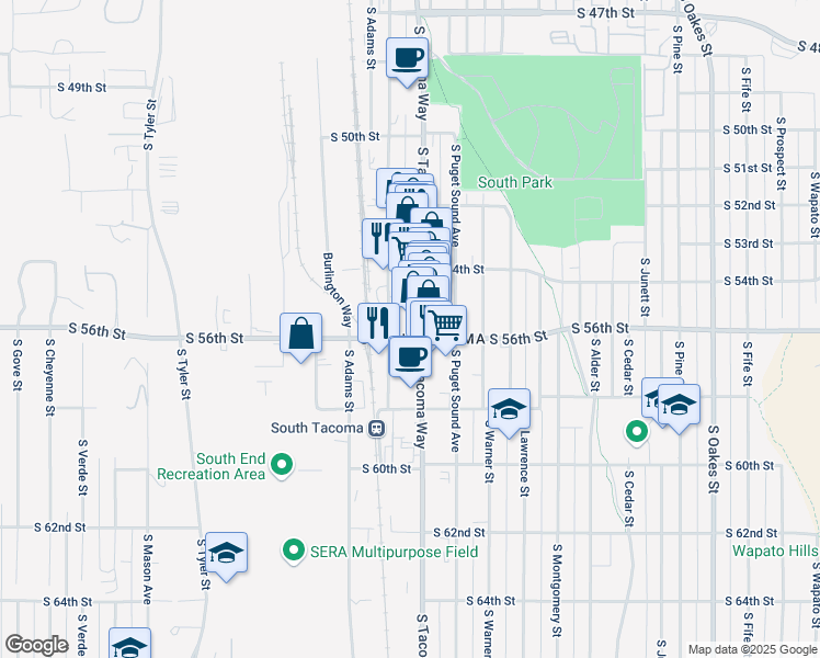 map of restaurants, bars, coffee shops, grocery stores, and more near 5448 South Tacoma Way in Tacoma