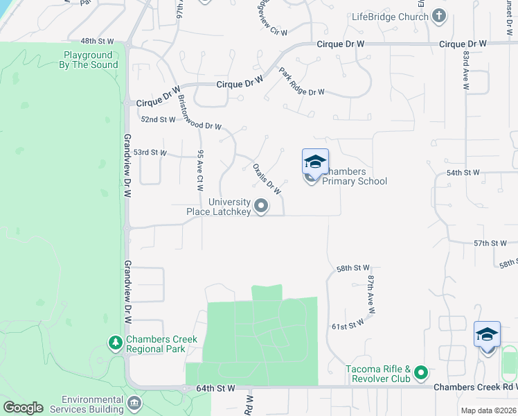 map of restaurants, bars, coffee shops, grocery stores, and more near 5516 Chokecherry Circle West in University Place