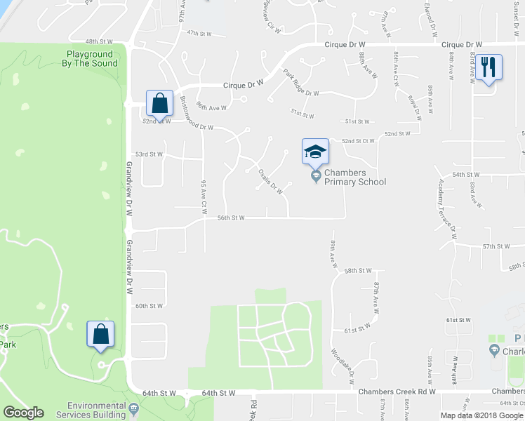 map of restaurants, bars, coffee shops, grocery stores, and more near 5516 Chokecherry Circle West in University Place