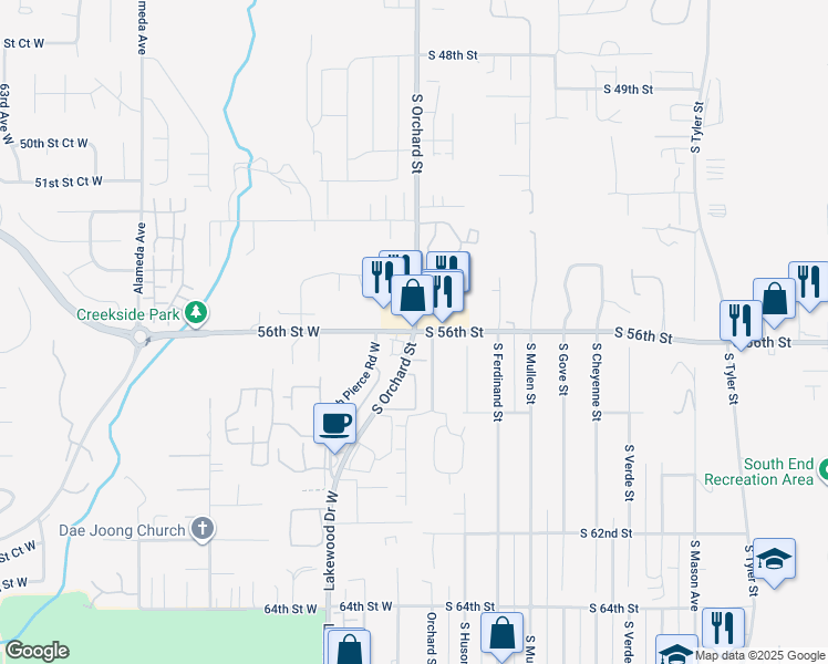 map of restaurants, bars, coffee shops, grocery stores, and more near South 56th Street & South Orchard Street in University Place