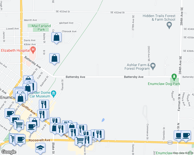 map of restaurants, bars, coffee shops, grocery stores, and more near 27320 Southeast 440th Street in Enumclaw