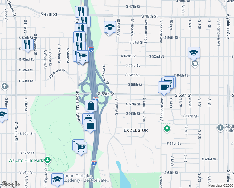 map of restaurants, bars, coffee shops, grocery stores, and more near South 56th Street & South Alaska Street in Tacoma