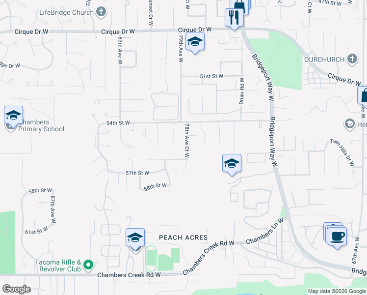 map of restaurants, bars, coffee shops, grocery stores, and more near 5522 78th Avenue Court West in Tacoma