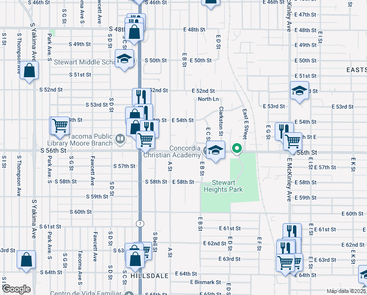 map of restaurants, bars, coffee shops, grocery stores, and more near 121 East 56th Street in Tacoma
