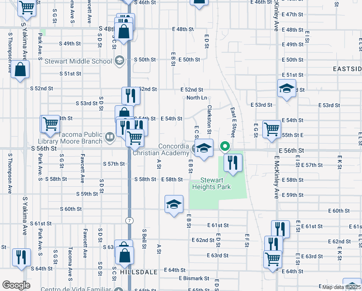 map of restaurants, bars, coffee shops, grocery stores, and more near 121 East 56th Street in Tacoma