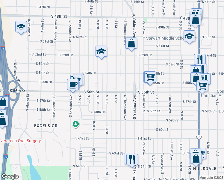 map of restaurants, bars, coffee shops, grocery stores, and more near 905 South 56th Street in Tacoma