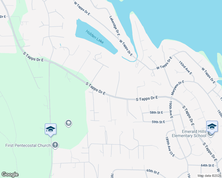 map of restaurants, bars, coffee shops, grocery stores, and more near 18411 South Tapps Drive East in Lake Tapps