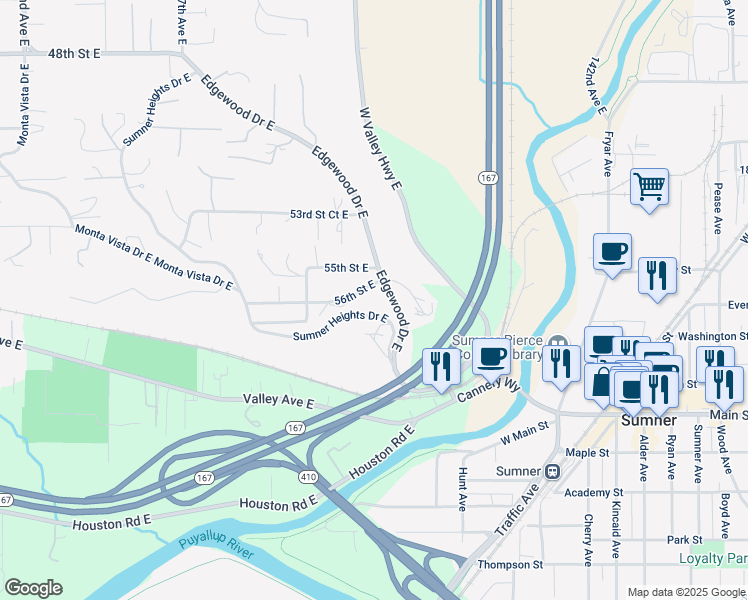 map of restaurants, bars, coffee shops, grocery stores, and more near 5610 Edgewood Drive East in Edgewood