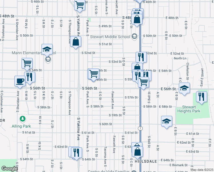 map of restaurants, bars, coffee shops, grocery stores, and more near 513 South 56th Street in Tacoma